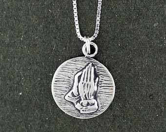 Sterling Silver Serenity Prayer Praying Hands Necklace Two sided Pendant with Box Chain