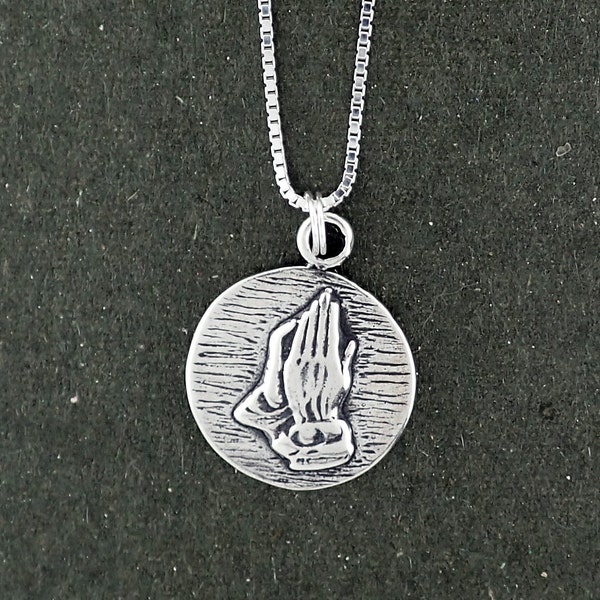 Sterling Silver Serenity Prayer Praying Hands Necklace Two sided Pendant with Box Chain