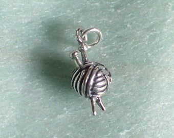 Sterling Silver Yarn Charm 3D Pendant Ball of Yarn with Knitting Needles