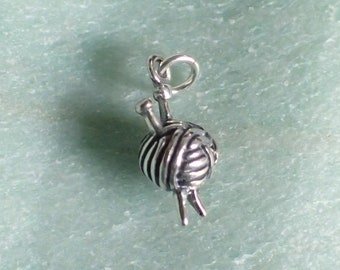 Sterling Silver Yarn Charm 3D Pendant Ball of Yarn with Knitting Needles