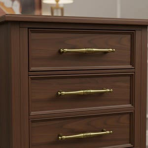 Può includere: Un comodino in legno marrone scuro con tre cassetti. Ogni cassetto ha una maniglia color oro. Il comodino ha un design classico con un'estetica semplice ed elegante. La venatura del legno è visibile.