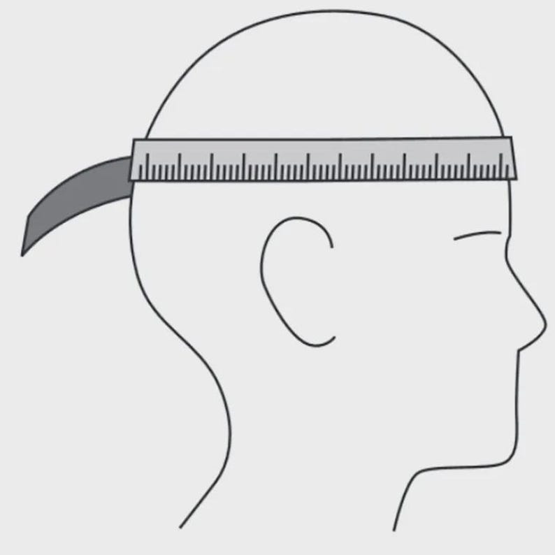 Puede incluir: Dibujo lineal de una cabeza con una cinta m&eacute;trica alrededor. La cinta, marcada en cent&iacute;metros, se utiliza para medir la circunferencia de la cabeza para el tallaje de sombreros.