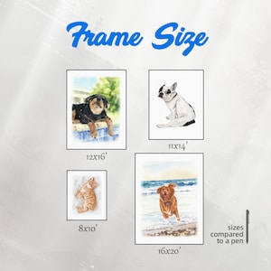 May include: An image showcasing framed pet portraits in various sizes: 8x10 inches, 11x14 inches, 12x16 inches, and 16x20 inches. The portraits feature watercolor paintings of a Rottweiler, a French Bulldog, a ginger cat, and a golden retriever. Text reads "Frame Size".