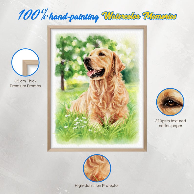 May include: A framed watercolor painting of a golden retriever sitting in green grass with trees in the background. The text reads 100% hand-painting Watercolor Memories, 3.5 cm Thick Premium Frames, 310gsm textured cotton paper, and High-definition Protector.