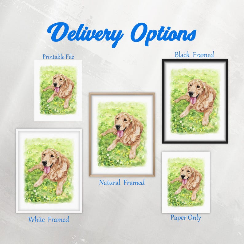 May include: Watercolor painting of a Golden Retriever dog lying in a field of green grass and small white flowers. The image is available as a printable file, framed in white, natural, and black frames, and as paper only. Text reads "Delivery Options".