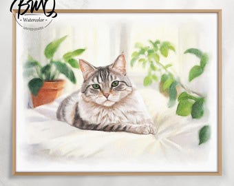 100% Hand-Painted Custom Cat Portrait, Watercolor Pet Portrait from Photo, Cat Memorial Gift, Gift for Pet Lover, Pet Memorial Gift