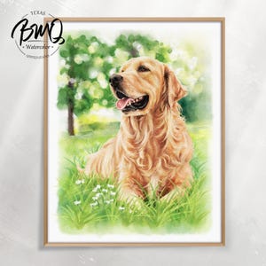 May include: A watercolor painting of a golden retriever sitting in a grassy field with small white flowers. The dog has light golden fur, a black nose, and an open mouth with its tongue visible. The text Texas BMQ Watercolor United States appears.