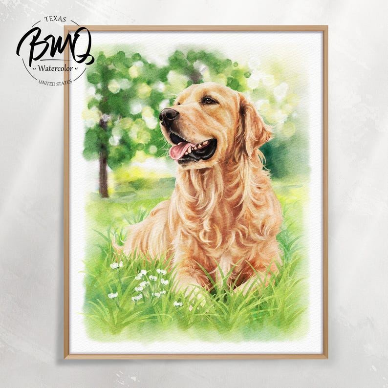 May include: A watercolor painting of a golden retriever sitting in a grassy field with small white flowers. The dog has light golden fur, a black nose, and an open mouth with its tongue visible. The text Texas BMQ Watercolor United States appears.