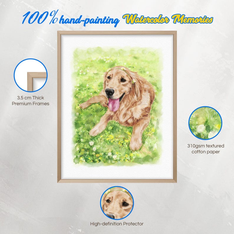 May include: Watercolor painting of a golden retriever dog lying in a field of green grass and small yellow flowers. The dog is wearing a flower crown and has its tongue out. The artwork is framed with a 3.5 cm thick frame and printed on 310gsm textured cotton paper. The text reads "100% hand-painting Watercolor Memories".