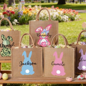 パーソナライズされたジュートイースターバッグ、名前入りイースターバッグ、カスタムイースターバニーバッグ、子供用イースターエッグハントギフト、ベビーイースターバスケット、イースターギフトバッグ