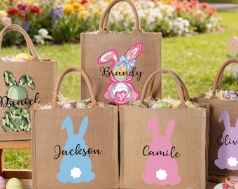 Personalized Jute Easter bag,Easter bag with Name,Custom Easter Bunny bag,Easter Egg Hunt Gift for Kids, Baby Easter Basket,Easter Gift Bags