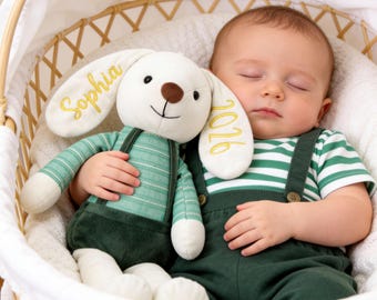 Personlig broderad kanin med namn, namngiven påskhare, monogramerad kanin, barnrumsdekor, babyshowerpresent, present till nyfödd, påskpresent till bebis