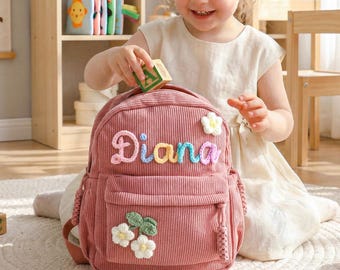 Personalisierte Cord Rucksack, Schultasche mit benutzerdefiniertem Namen, Kleinkind Vorschul Rucksack, Schulgeschenk für Jungen Mädchen, Schultasche für Kinder