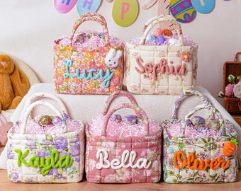 Canasta de Pascua con flores personalizada, cubo acolchado para la búsqueda de huevos de primavera, canastas de Pascua para niños y niñas, regalo para baby shower, regalo de Pascua para niños