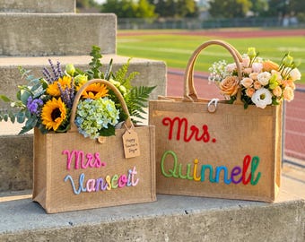 Custom Burlap Teacher Tote bag, Crochet Name Jute Tote, Back to School Gifts