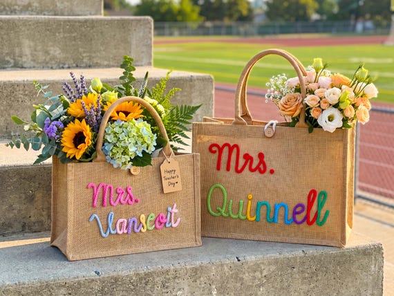 Custom Burlap Teacher Tote bag, Crochet Name Jute Bags, Back to School, Teacher Appreciation Gift