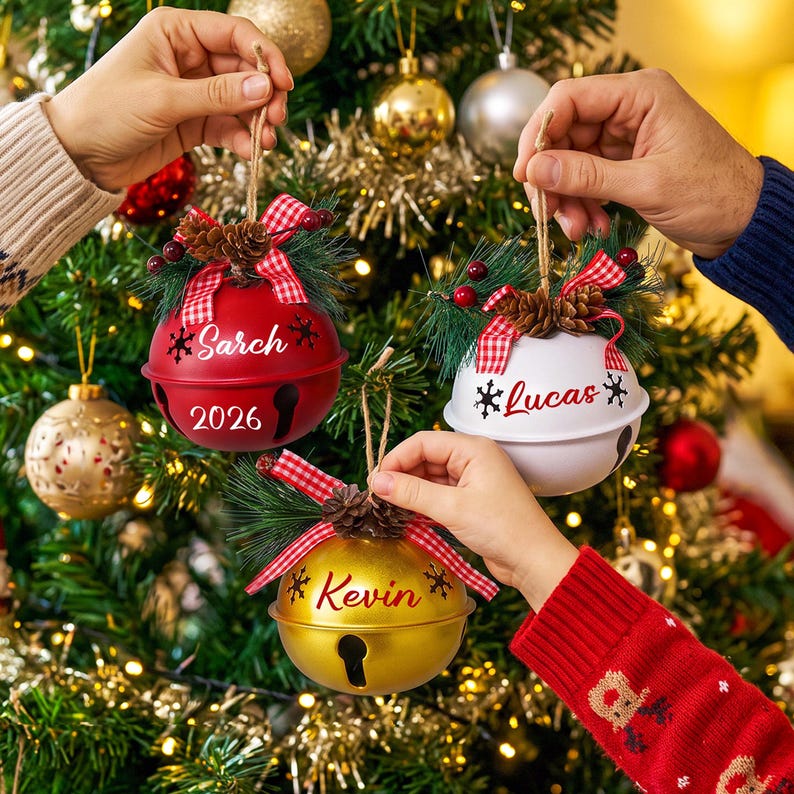 May include: Three round metal bell ornaments in red, white, and gold. Each bell features a name in script font, including Sarch, Lucas, and Kevin, with the year 2026 on the red bell. They are decorated with pine needles, pinecones, and red plaid ribbon.