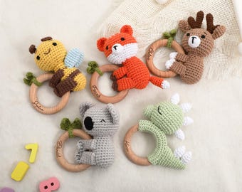 Animal Rattle with Babies Name,Personalized Baby Rattle,Animal Crochet Baby Rattle,Baby Shower Gifts,Name Engraving Rattle,Newborn Gifts,