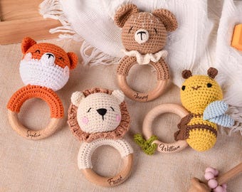 Personalized Crochet Baby Rattle,Animal Crochet Baby Rattle,Custom Baby Shower Gifts,Name Engraving Rattle Ring for Newborn,Newborn Gifts