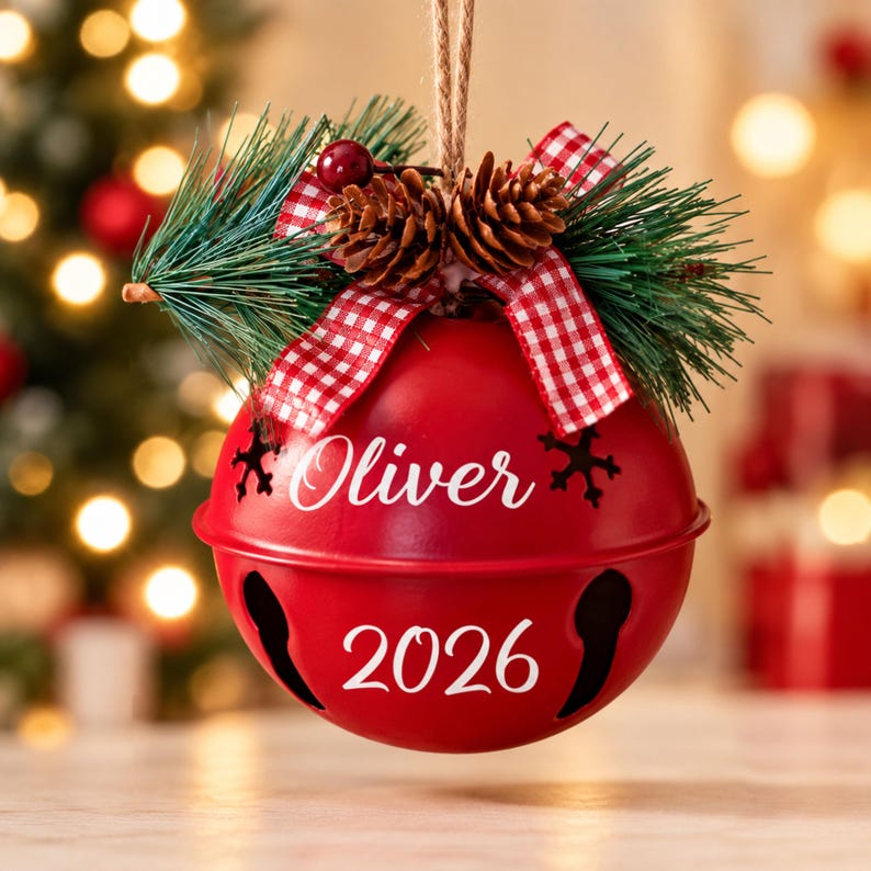 May include: A red metal jingle bell ornament featuring the name Oliver and the year 2026 in white script. The top is decorated with green pine needles, two brown pinecones, a red berry, and a red and white checkered ribbon.