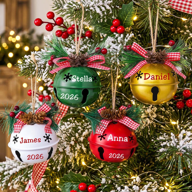 May include: Four round metal jingle bell ornaments in green, gold, white, and red. Each bell features a name, the year 2026, and snowflake accents. They are topped with pine needles, small pinecones, and red and white checkered ribbon bows.