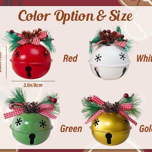 May include: Four round metal jingle bells in red, white, green, and gold. Each bell features snowflake cutouts, a pine sprig, a small pinecone, red berries, and a red-and-white checkered ribbon. Dimensions are 2.8 inches high and 3.1 inches wide.
