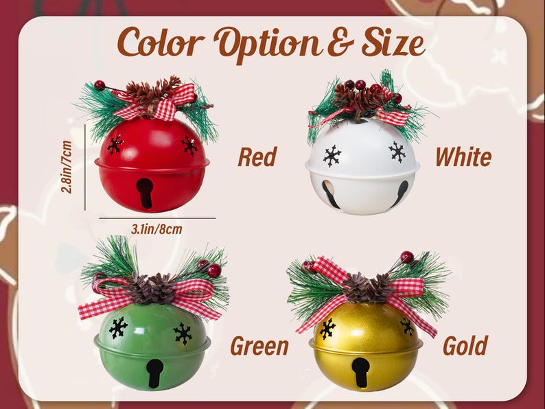 May include: Four round metal jingle bells in red, white, green, and gold. Each bell features snowflake cutouts, a pine sprig, a small pinecone, red berries, and a red-and-white checkered ribbon. Dimensions are 2.8 inches high and 3.1 inches wide.