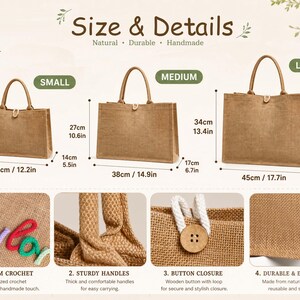May include: Three rectangular jute tote bags in small, medium, and large sizes with dimensions ranging from 21cm to 34cm in height. Features include sturdy handles, a wooden button closure, and customisable colourful crochet lettering.