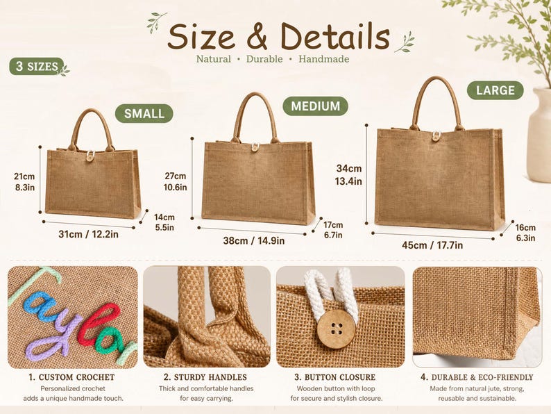 May include: Three rectangular jute tote bags in small, medium, and large sizes with dimensions ranging from 21cm to 34cm in height. Features include sturdy handles, a wooden button closure, and customisable colourful crochet lettering.