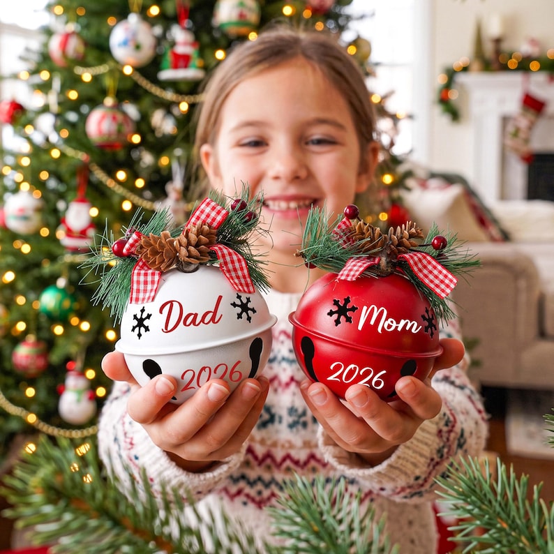 May include: Two round metal jingle bell ornaments, one white and one red, each featuring the text Dad or Mom and the year 2026. The ornaments are decorated with pine needles, small pinecones, red berries, and a red and white checkered ribbon.