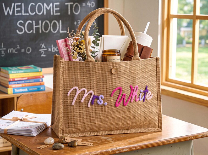 May include: A rectangular tan jute tote bag with two top handles and a single button closure. The front features the name Mrs. White in raised, multi-coloured cursive lettering in shades of pink, purple, and lavender. The bag is filled with items.