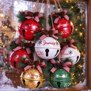 May include: A collection of six round metal jingle bell ornaments in red, white, gold, and green. Each bell features a personalized name and the year 2026, decorated with pine needles, small pinecones, red berries, and a red and white gingham bow.