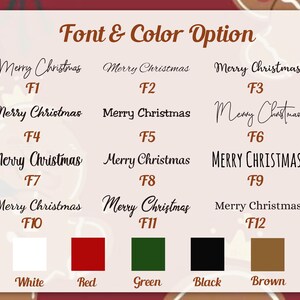 May include: A chart titled Font & Color Option displays twelve distinct Merry Christmas text styles labeled F1 through F12. Below the text options, five color squares are shown with labels: White, Red, Green, Black, and Brown.