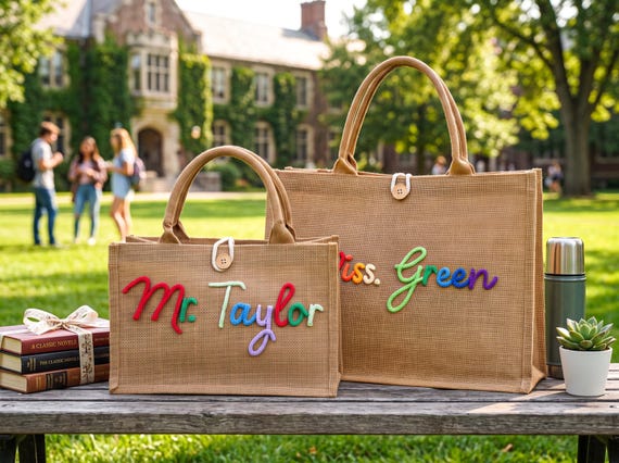 Custom Burlap Teacher Tote bag, Crochet Name Jute Bags, Back to School, Teacher Appreciation Gift