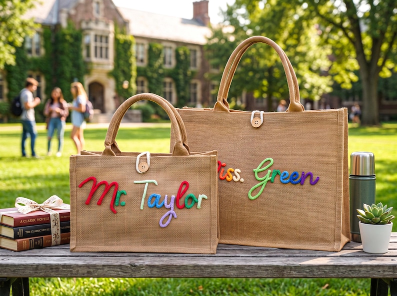 May include: Two rectangular tan jute tote bags with top handles and wooden button closures. The smaller bag features the text Mr. Taylor in colourful raised lettering, while the larger bag displays the text Miss. Green in similar colourful raised lettering.
