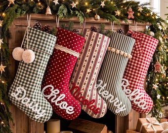 2026 Personalized Christmas Stocking, Custom Name Canvas Family Stockings, Farmhouse Holiday Decor
