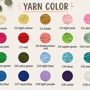 May include: A colour chart titled YARN COLOR displaying twenty circular swatches of yarn in various shades including cream, yellow, khaki, pinks, reds, greens, blues, purple, violet, and white, each labelled with a code from C1 to C20.