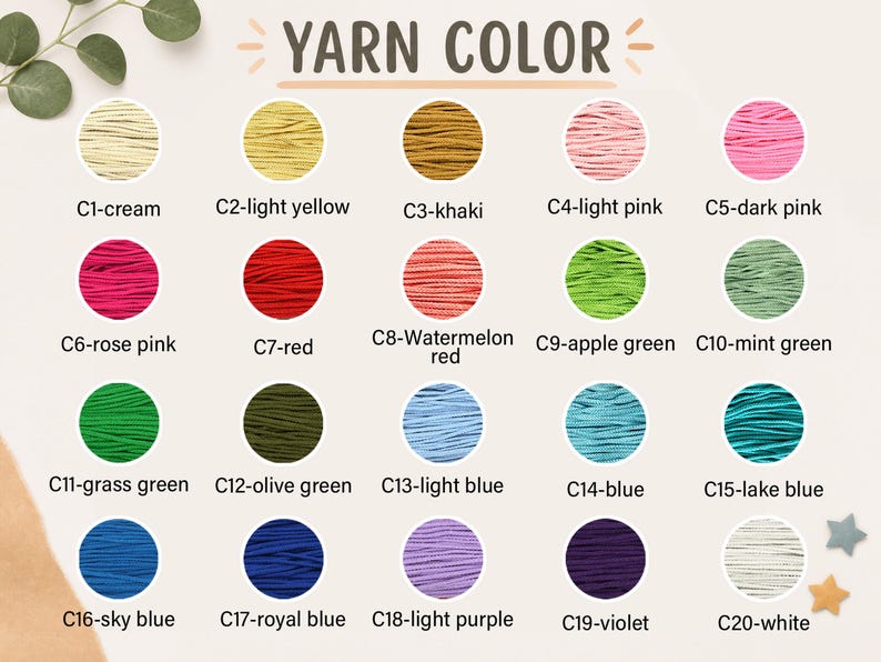May include: A colour chart titled YARN COLOR displaying twenty circular swatches of yarn in various shades including cream, yellow, khaki, pinks, reds, greens, blues, purple, violet, and white, each labelled with a code from C1 to C20.