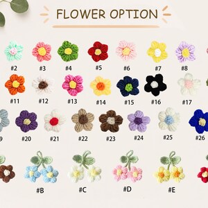 May include: A collection of small crocheted flower appliques labelled with numbers 1 through 18 and letters A through F. The items feature various colour combinations including white, pink, red, green, blue, yellow, purple, and brown petals.