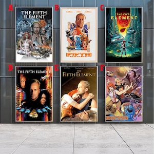 Könnte beinhalten: Sechs Filmplakate für den Film "Das fünfte Element" werden gezeigt. Jedes Poster zeigt unterschiedliche Kunstwerke, darunter Bilder von Schauspielern, futuristischen Stadtlandschaften und dem Filmtitel. Die Poster variieren in ihren Farbpaletten.