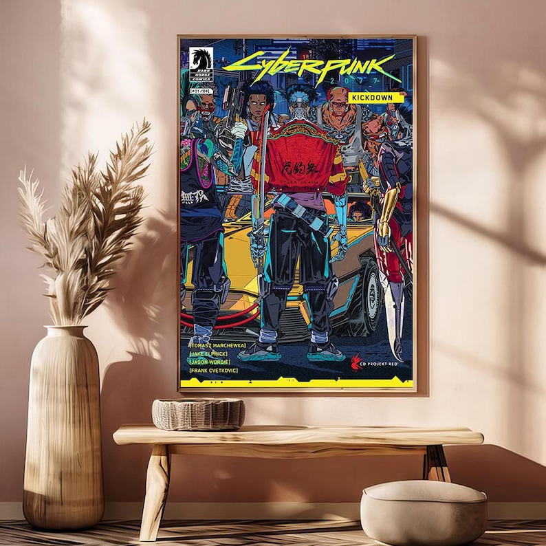 May include: A framed Cyberpunk comic book cover featuring a group of characters in futuristic attire. The artwork is vibrant with a yellow car and the text "Cyberpunk" and "Kickdown".