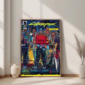 May include: A framed Cyberpunk 2077 "Kickdown" comic book art print. The artwork features a group of characters in a futuristic setting, with a yellow car in the background. The print has a wooden frame and is displayed on a light-colored wall.