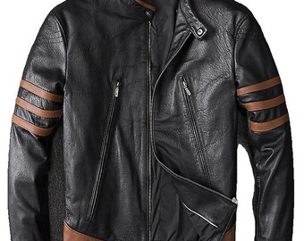 Mens Vintage Brown Biker Striped Handmade Motorcycle Leather Jacket