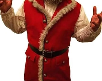 Men's Handmade Red Santa Claus Christmas Wool Vest: Faux Fur Costume Jacket