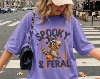 Comfort Colors Spooky & Feral Raccoon Halloween Shirt, Funny Trick or Treat Tee, Cute Raccoon Pumpkin Graphic, Retro Spooky Season Gift Tee