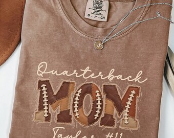 FAUX Patchwork Quarterback Mom Shirt, Comfort Colors Custom Name and Number Shirt, Personalized Football Mom Tee, Game Day Shirt