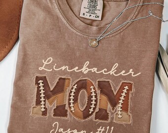 FAUX Patchwork Linebacker Mom Shirt, Comfort Colors Custom Name and Number Shirt, Personalized Football Mom Tee, Game Day Shirt, Sports Mom