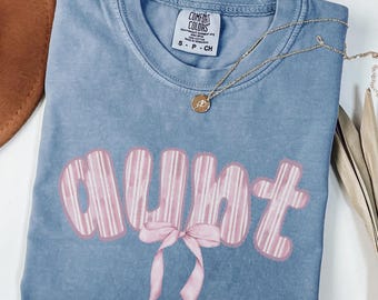 Comfort Colors® Cool Aunt Shirt, Cool Aunt Tee, Pink Coquette Bow Striped Auntie Shirt, New Aunt Gift, Mother's Day Gift for Aunt, Cute Tee