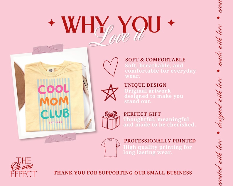 以下が含まれることがあります： 縦の青いストライプとピンク、オレンジ、青の文字でCOOL MOM CLUB EST 2024と書かれたグラフィックが特徴のライトイエローのTシャツ。ピンクの背景にハート、星、ギフトボックス、Tシャツの輪郭のアイコンが配置されています。