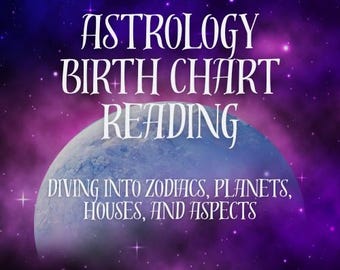 May include: An image with a cosmic background of purple and blue hues, featuring the text "ASTROLOGY BIRTH CHART READING" in white script. Below, it reads "DIVING INTO ZODIAC, PLANETS, HOUSES, AND ASPECTS" with a blue planet in the center.